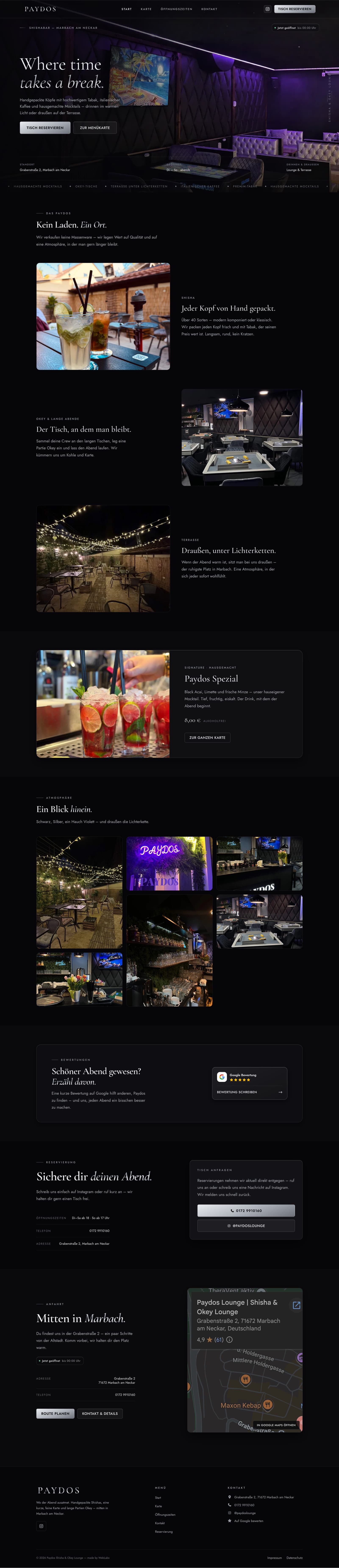 Dunkle, bildgeführte Website der Paydos Lounge