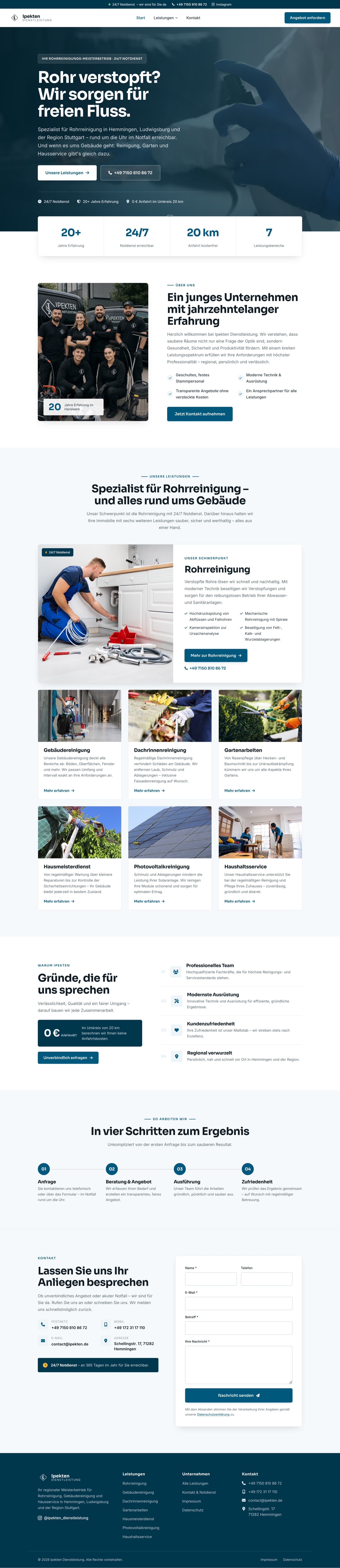 Helle Unternehmenswebsite von Ipekten Dienstleistung mit Leistungsübersicht und Kontaktstrecke
